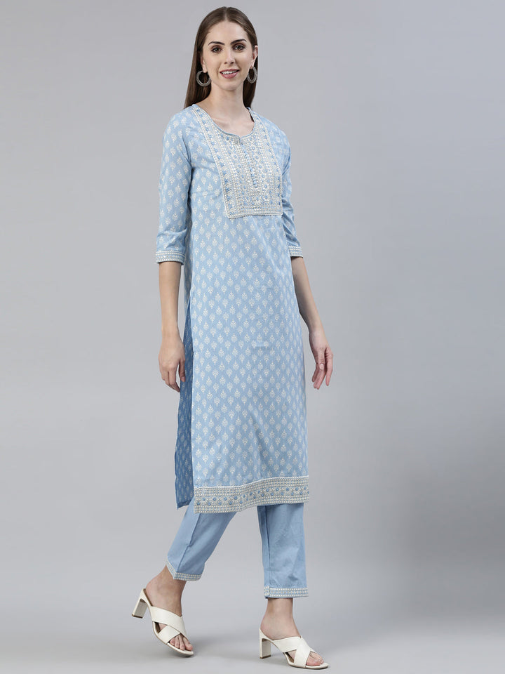 Neerus Blue printed straight kurta set with trouser and dupatta - back view