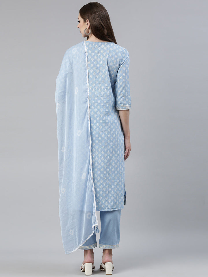 Neerus Blue printed straight kurta set with trouser and dupatta - side view