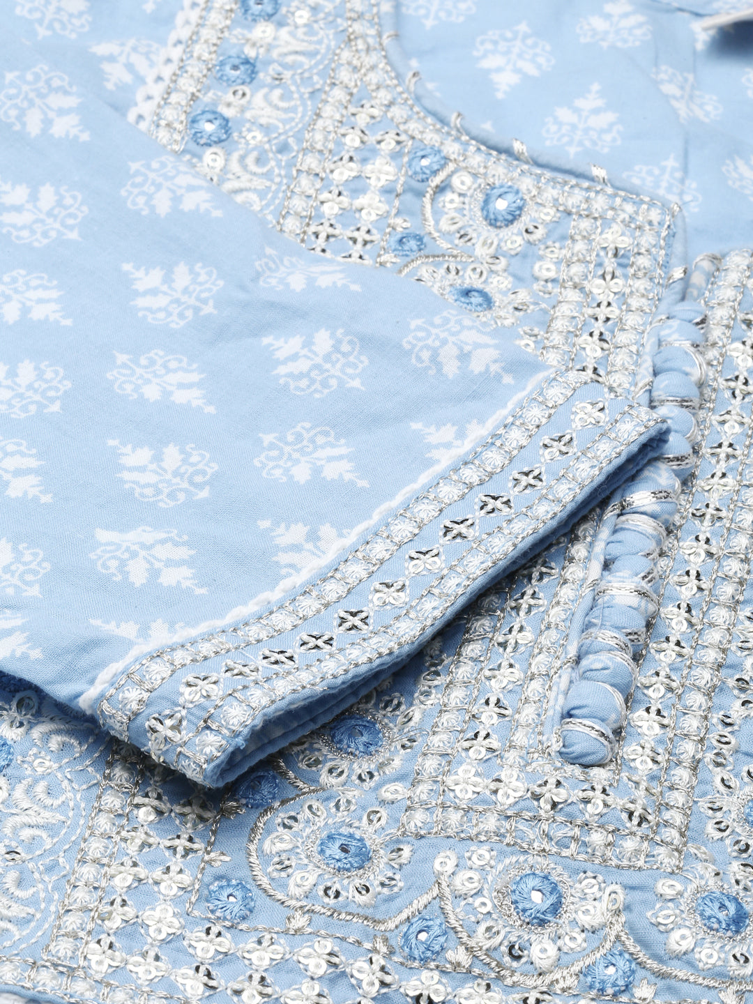 Neerus Blue printed straight kurta set with trouser and dupatta - detail view 2