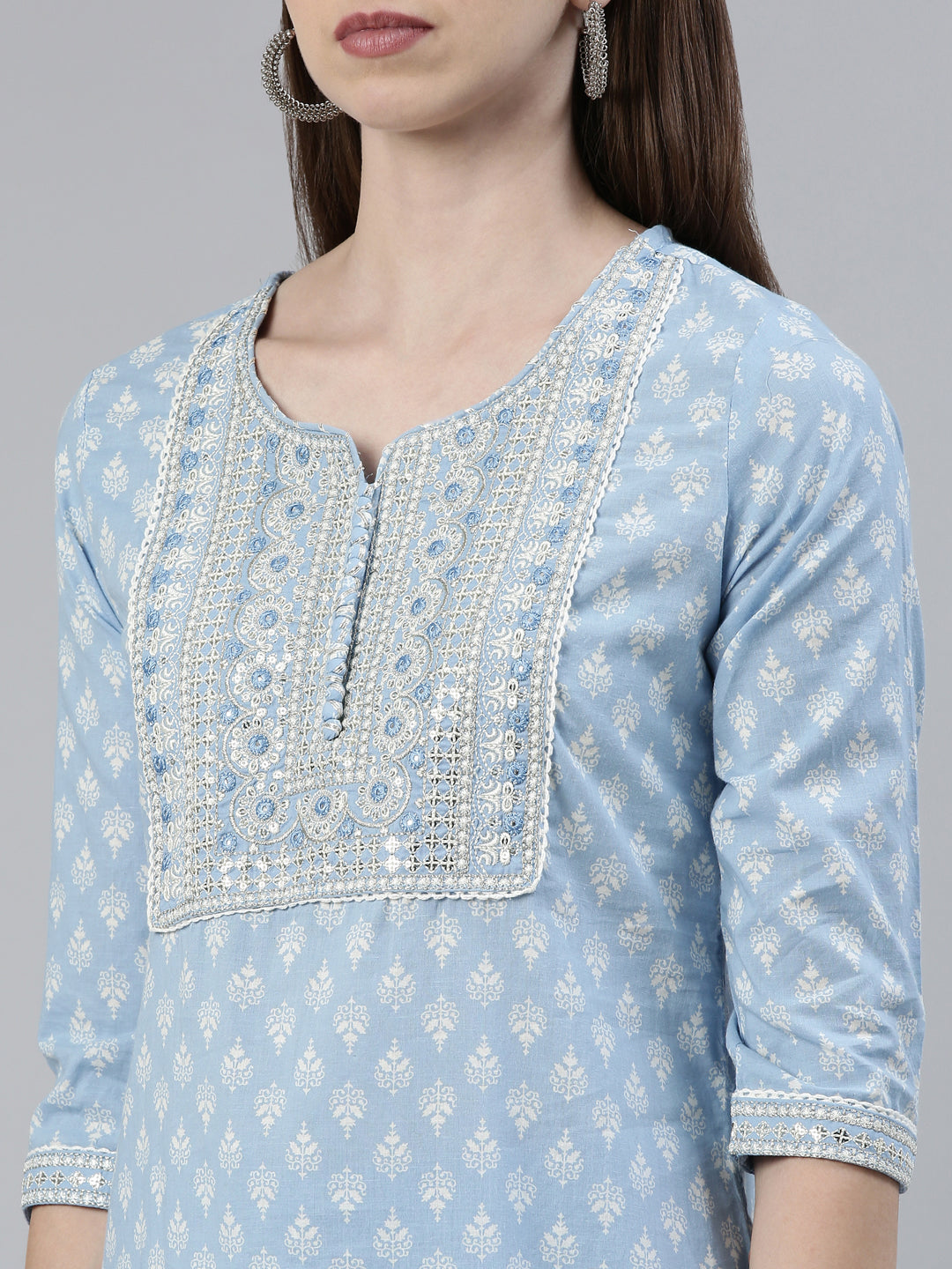 Neerus Blue printed straight kurta set with trouser and dupatta - detail view 1