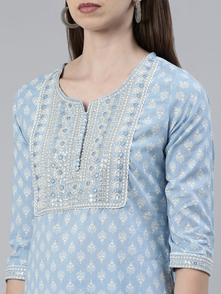 Neerus Blue printed straight kurta set with trouser and dupatta - detail view 1
