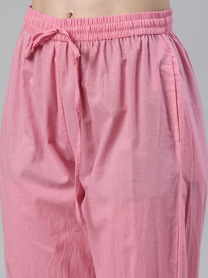 Neerus Pink cotton printed kurta set with trousers and dupatta - detail view 3