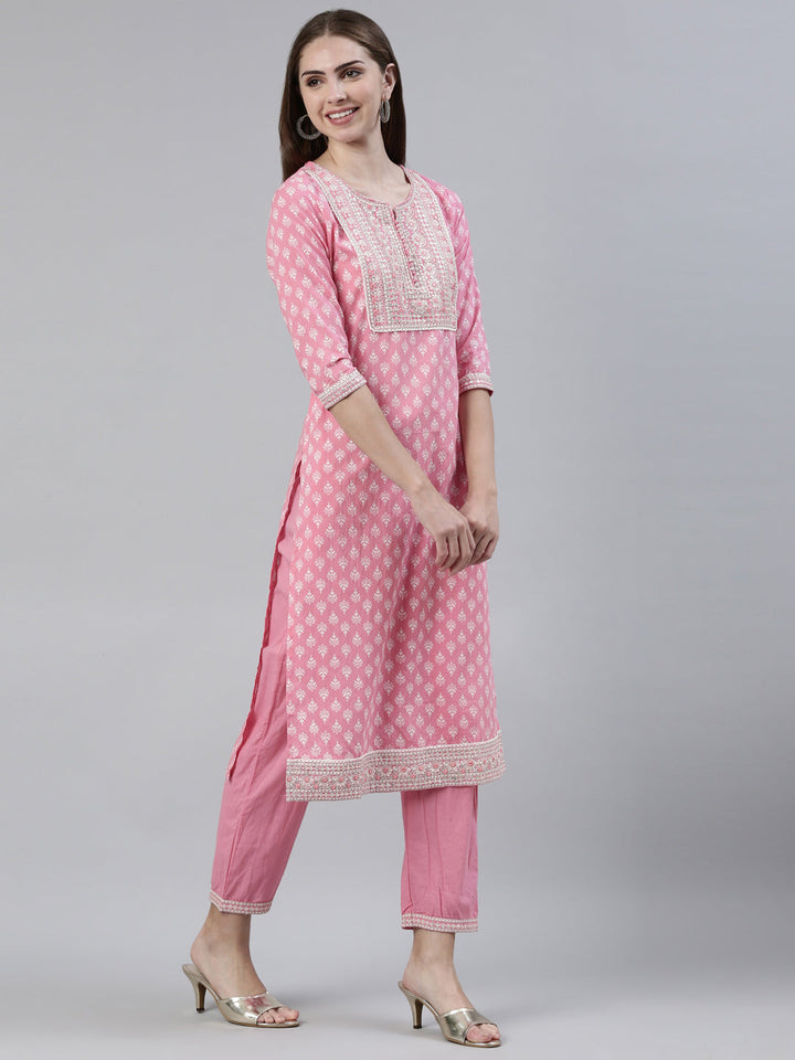 Neerus Pink cotton printed kurta set with trousers and dupatta - back view