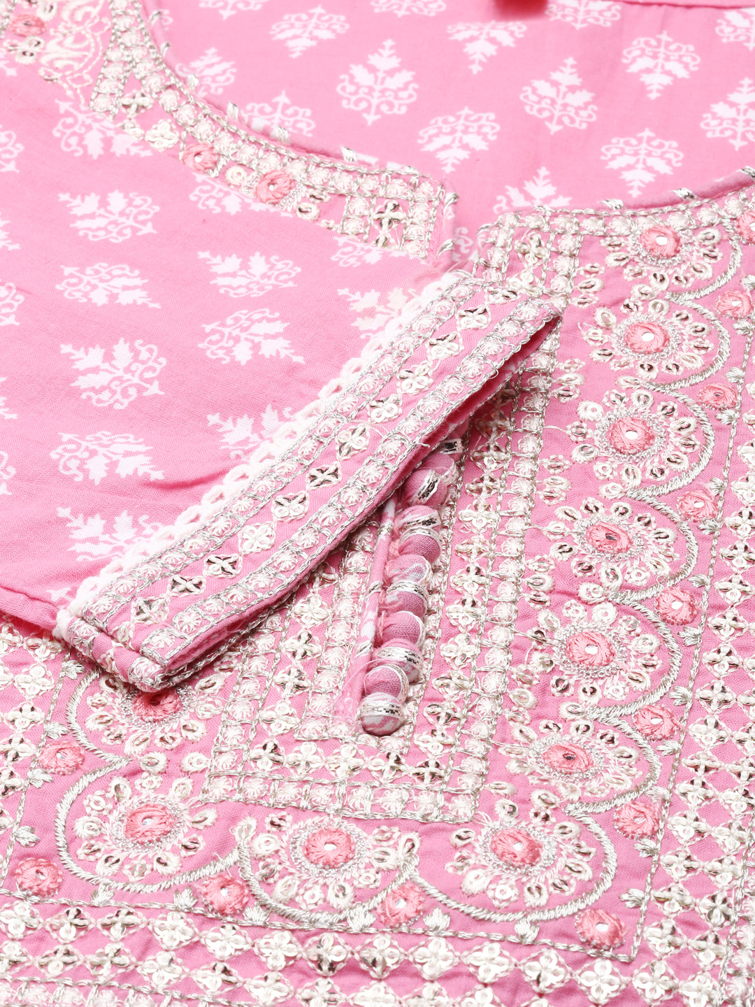Neerus Pink cotton printed kurta set with trousers and dupatta - detail view 2