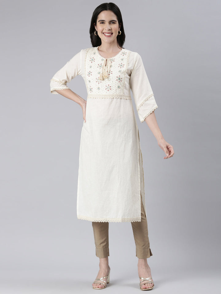 Neerus Beige cotton solid straight kurti - detail view 2
