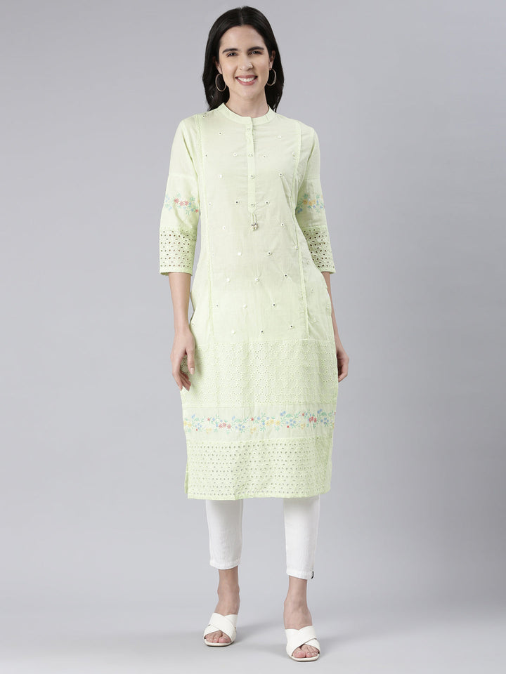Neerus Green cotton solid straight kurti - front view