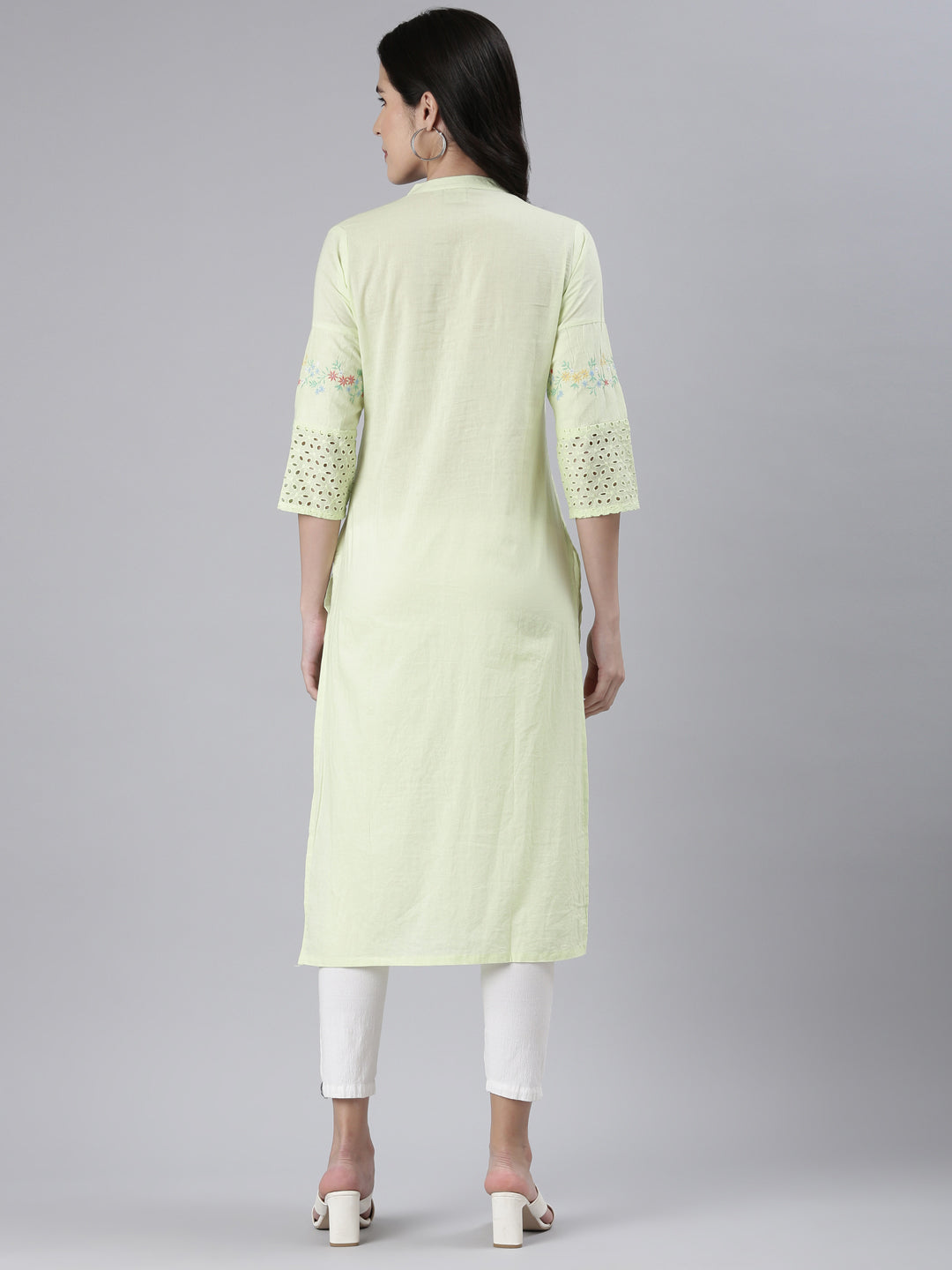 Neerus Green cotton solid straight kurti - side view