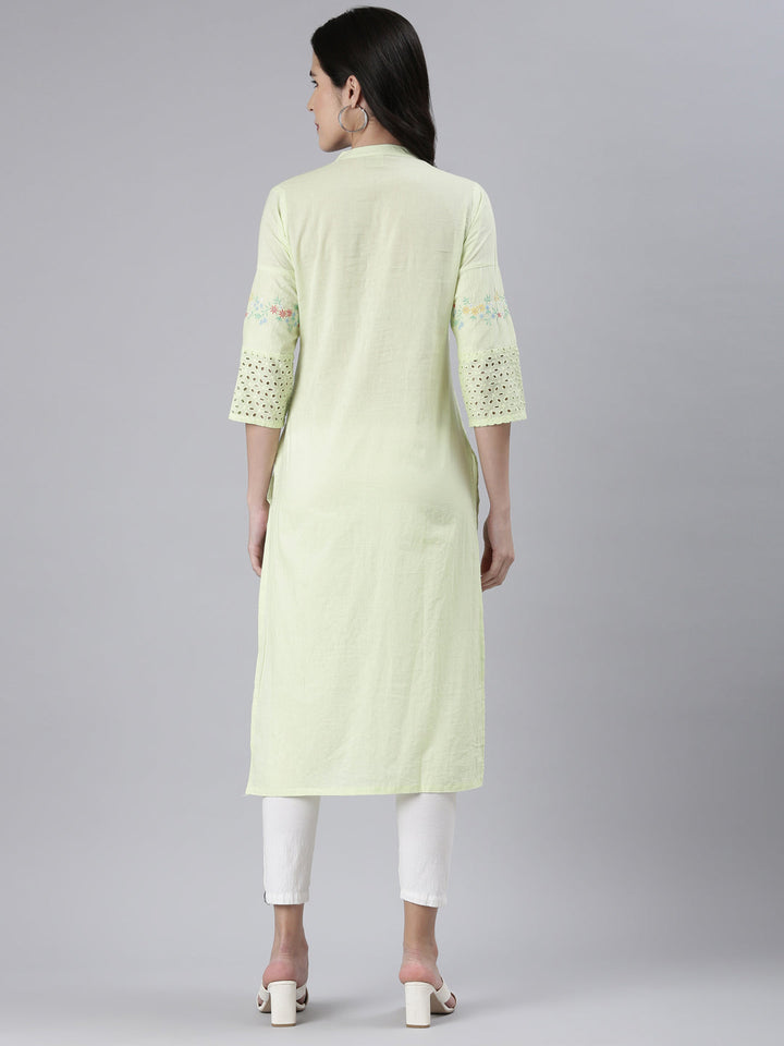 Neerus Green cotton solid straight kurti - side view
