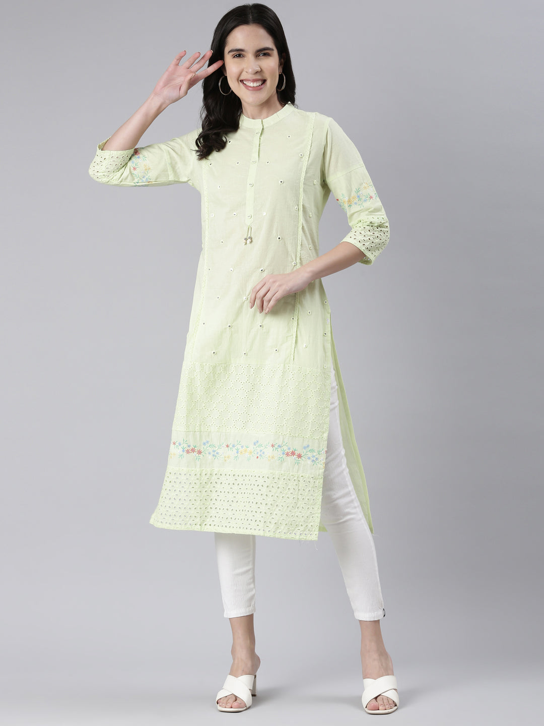 Neerus Green cotton solid straight kurti - detail view 2