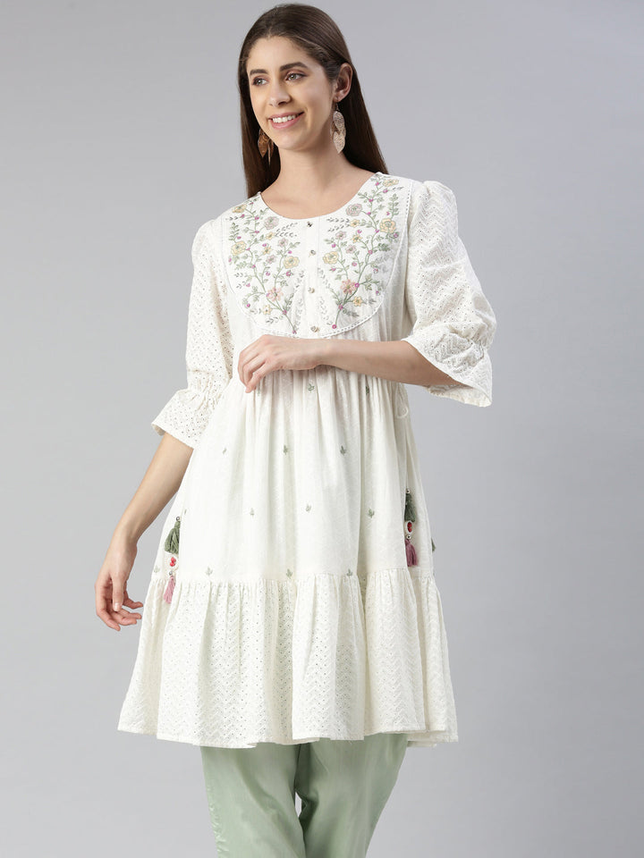 Neerus White cotton embroidered anarkali kurti - front view