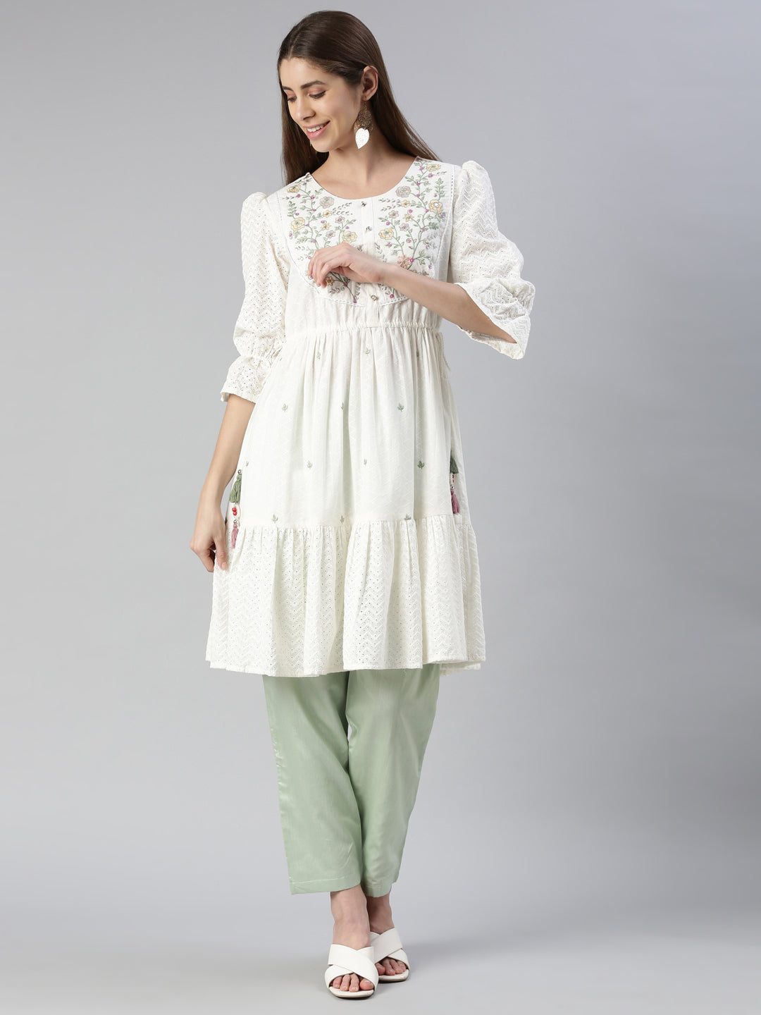 Neerus White cotton embroidered anarkali kurti - detail view 2
