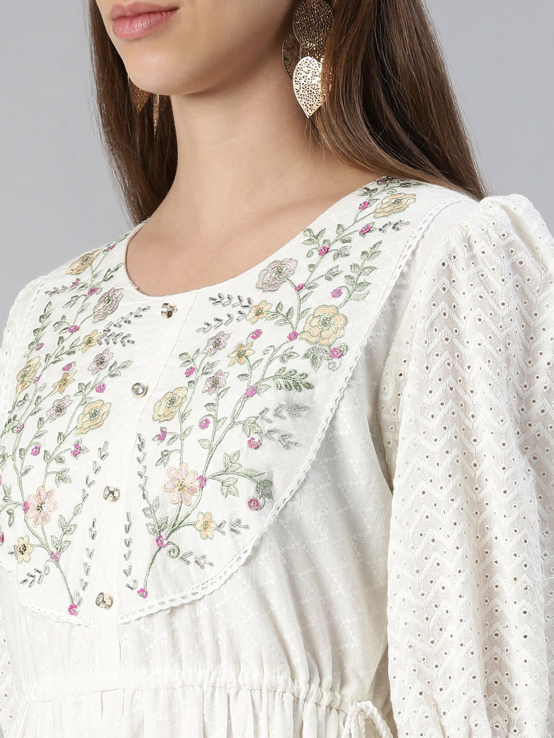 Neerus White cotton embroidered anarkali kurti - detail view 1