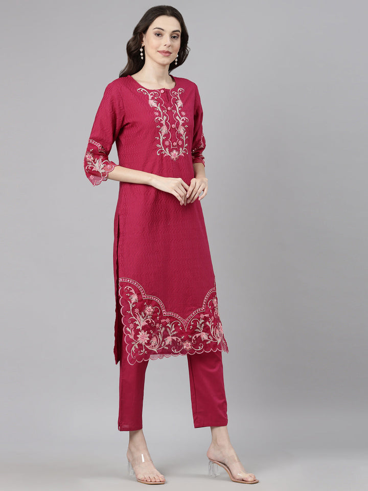 Neerus Magenta Casual  Straight Kurta and Trousers With Dupatta