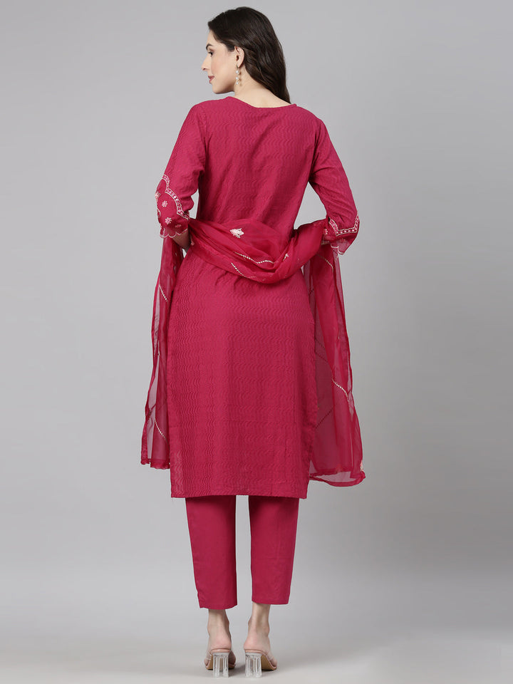 Neerus Magenta Casual  Straight Kurta and Trousers With Dupatta