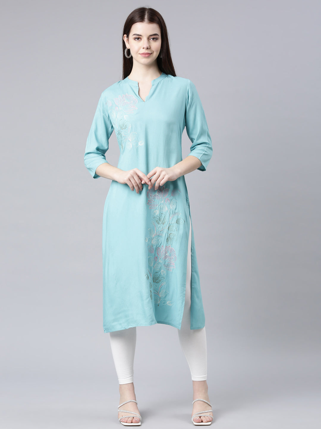 Neerus Blue rayon printed straight kurta - front view