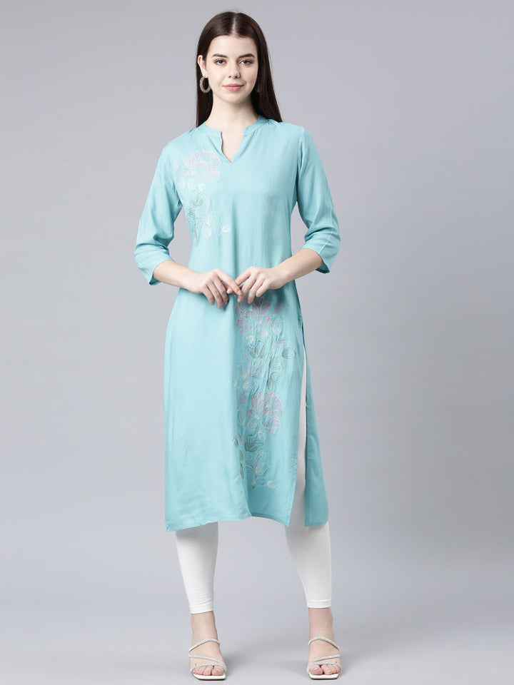 Neerus Blue rayon printed straight kurta - front view