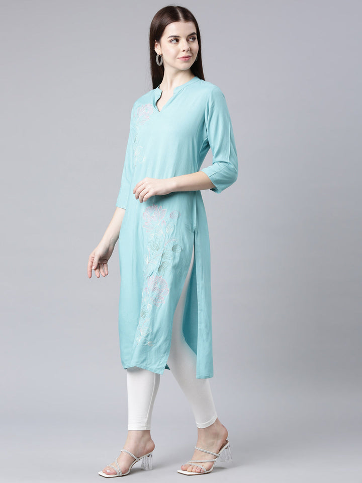 Neerus Blue rayon printed straight kurta - back view