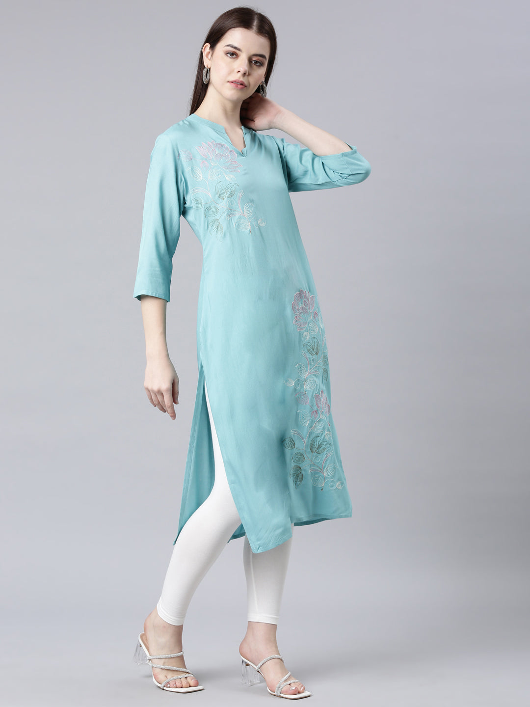 Neerus Blue rayon printed straight kurta - side view