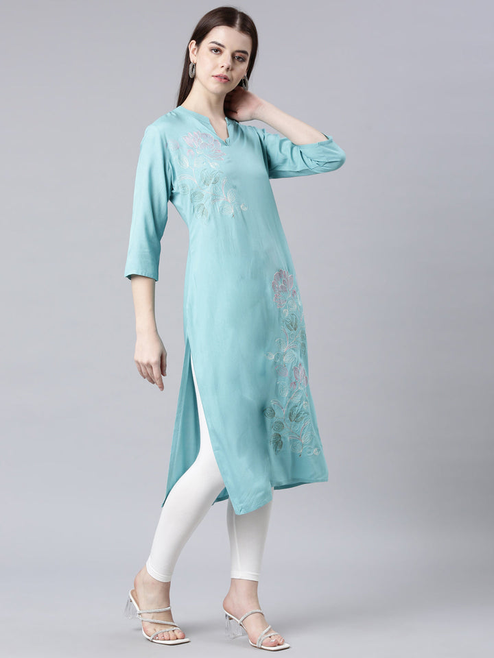 Neerus Blue rayon printed straight kurta - side view