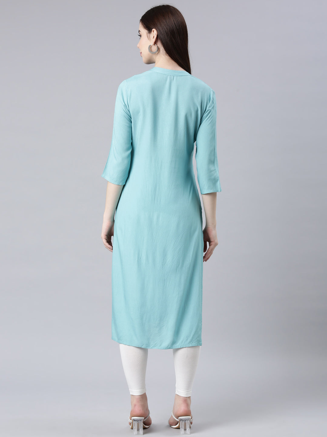 Neerus Blue rayon printed straight kurta - detail view 1