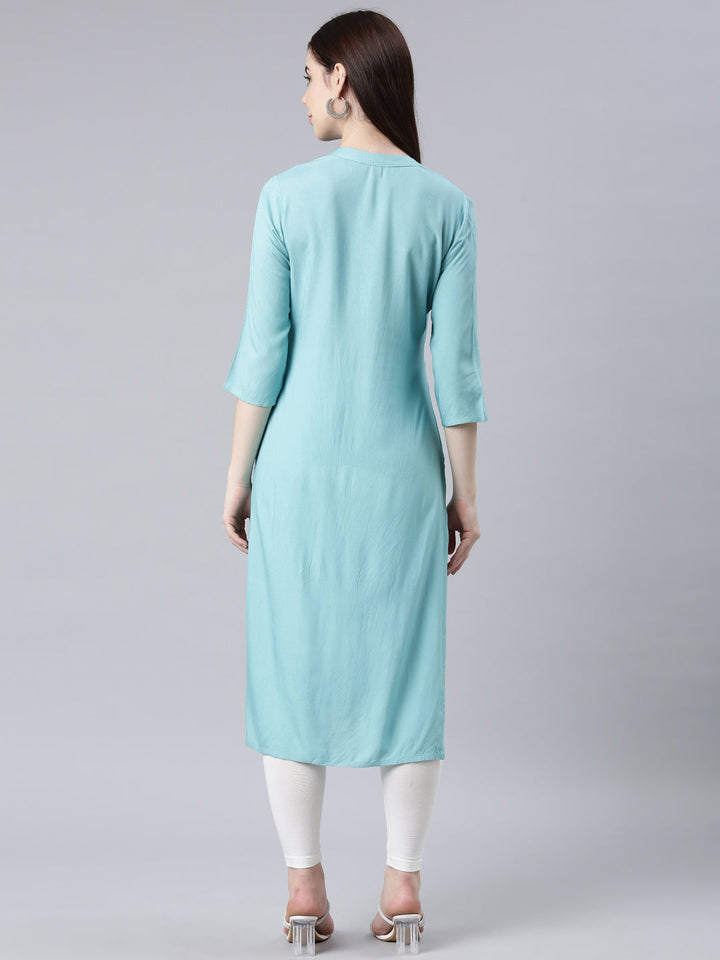 Neerus Blue rayon printed straight kurta - detail view 1