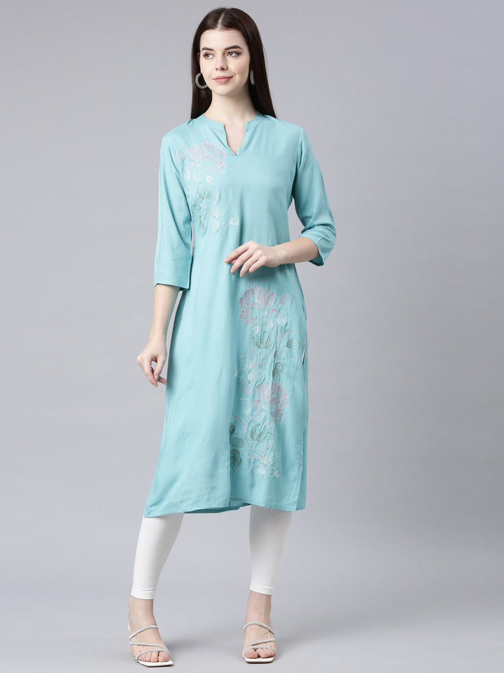 Neerus Blue rayon printed straight kurta - detail view 4