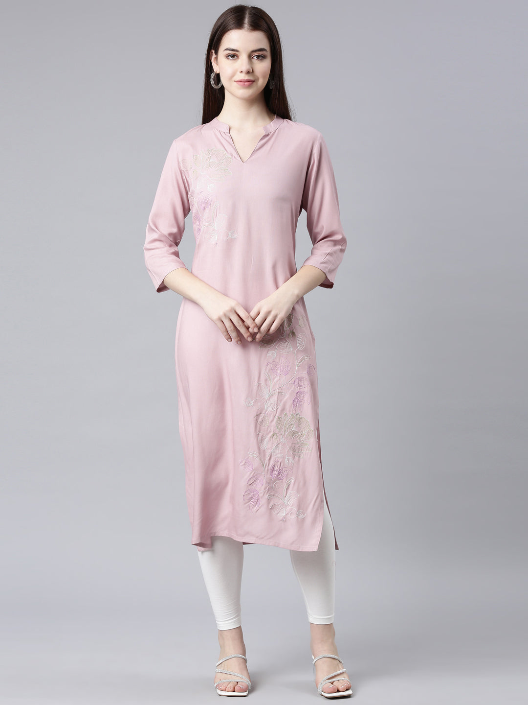 Neerus Pink floral printed straight kurta - front view