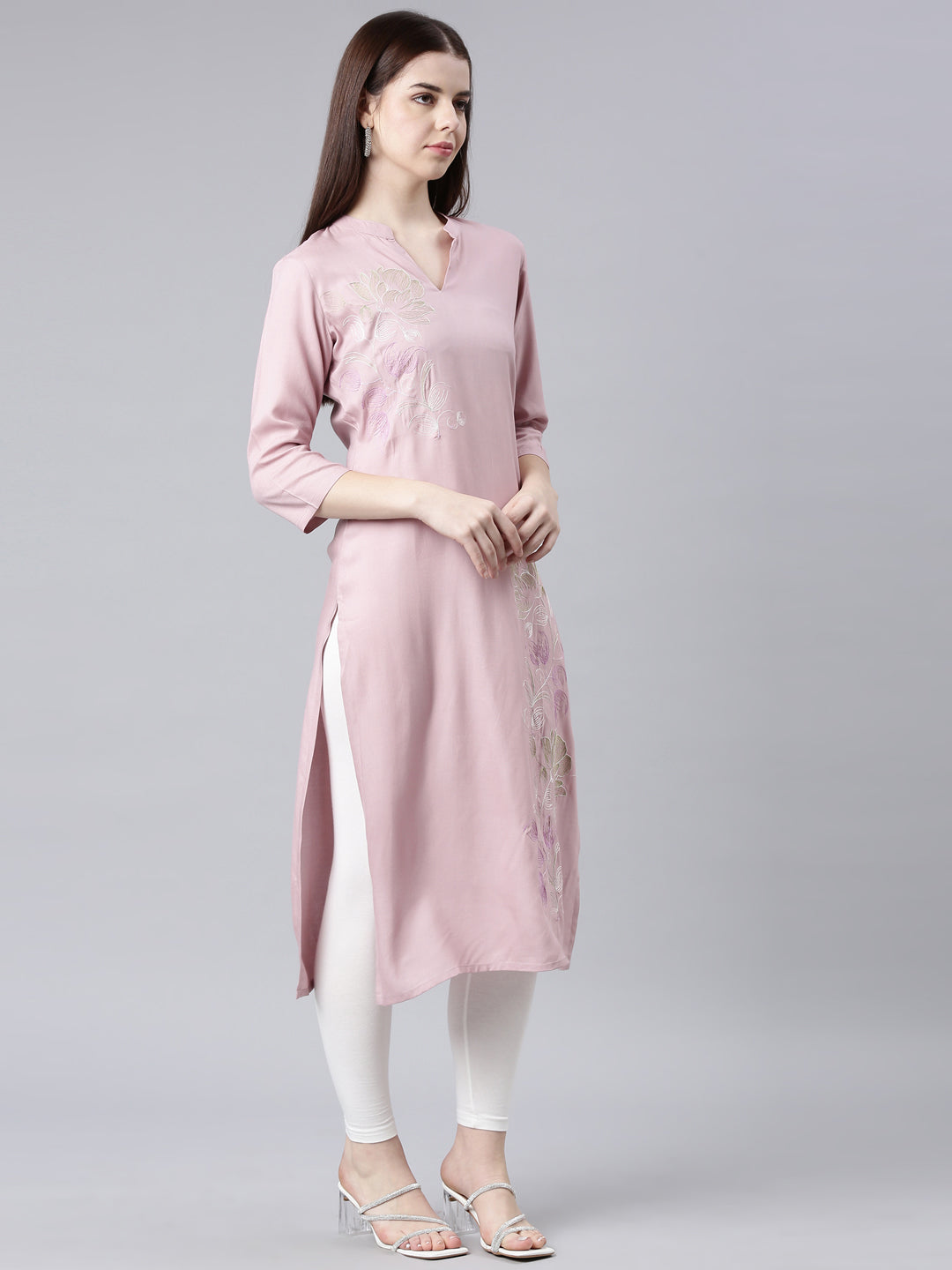 Neerus Pink floral printed straight kurta - side view