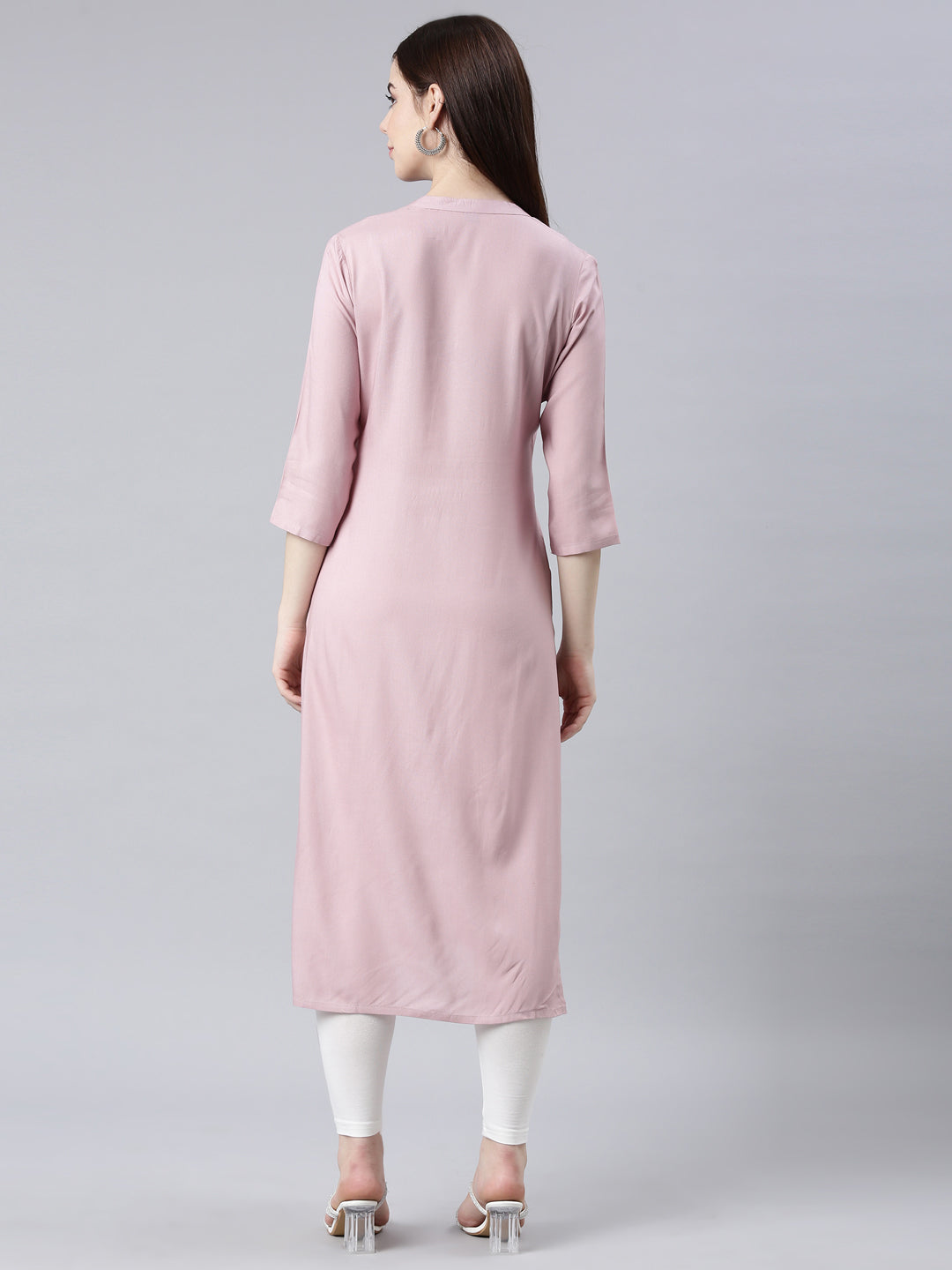 Neerus Pink floral printed straight kurta - detail view 1