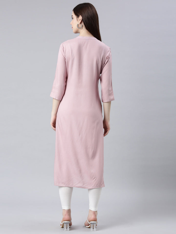 Neerus Pink floral printed straight kurta - detail view 1