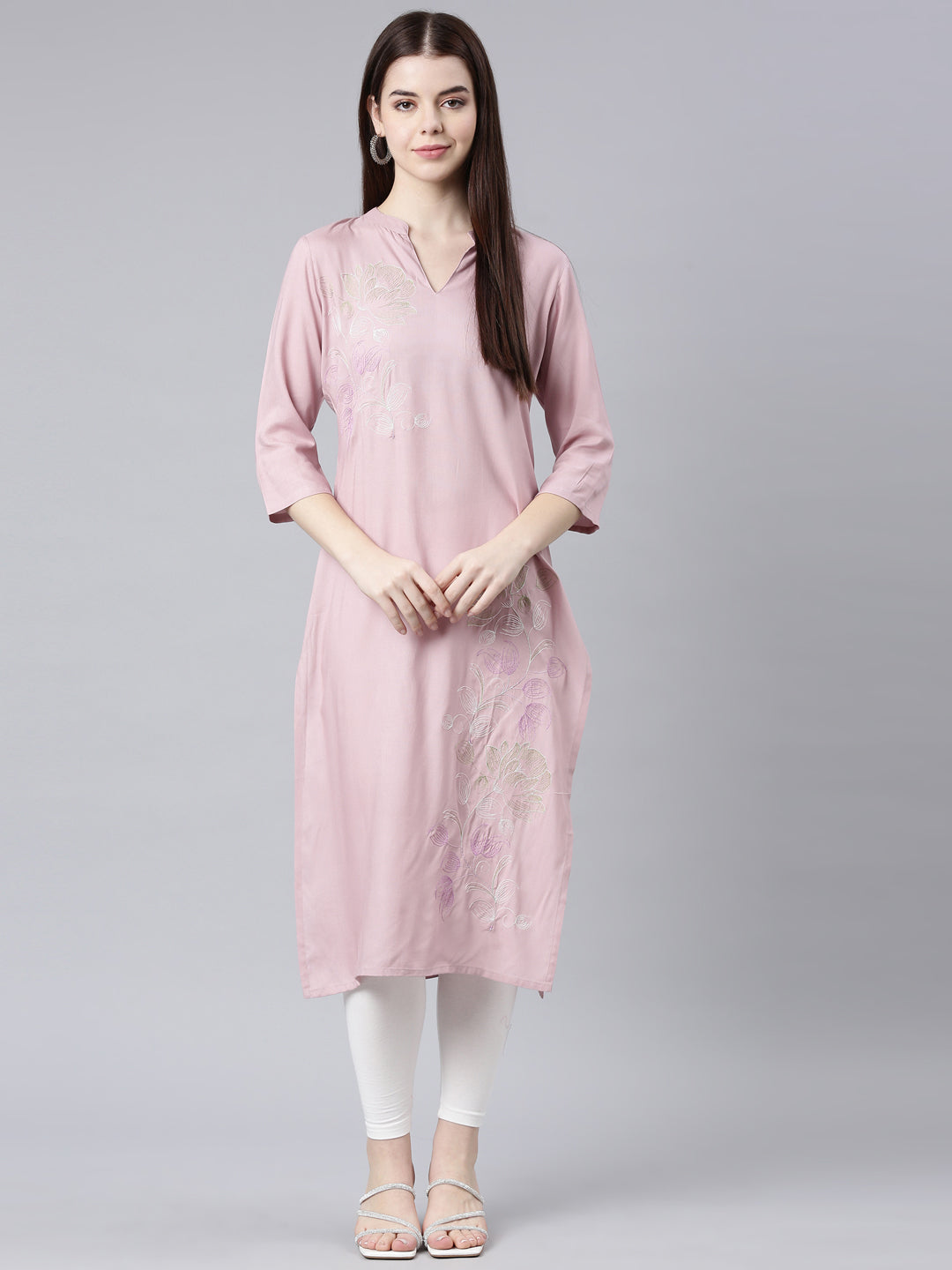Neerus Pink floral printed straight kurta - detail view 4