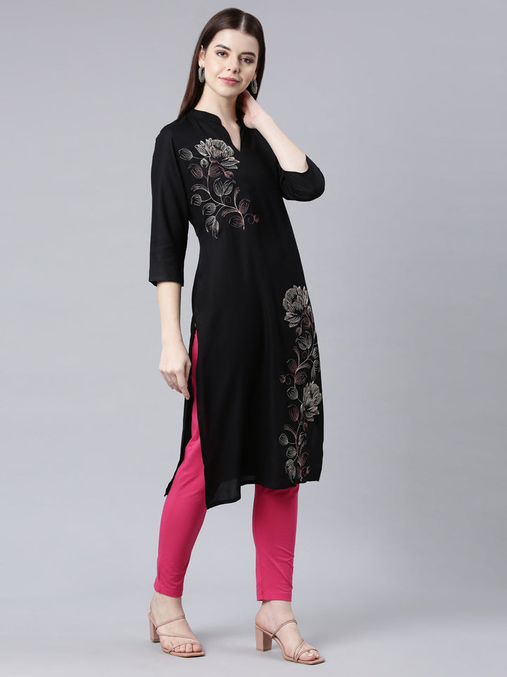 Neerus Black printed floral straight kurta - side view