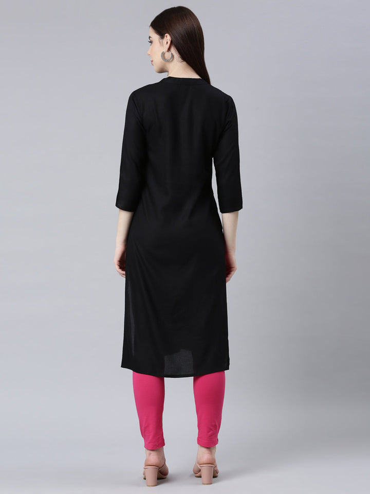 Neerus Black printed floral straight kurta - detail view 1