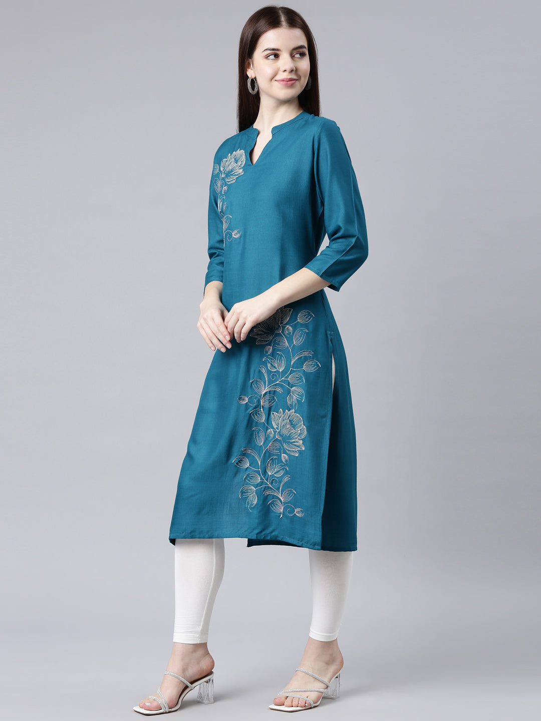 Neerus Green printed floral straight kurta - back view