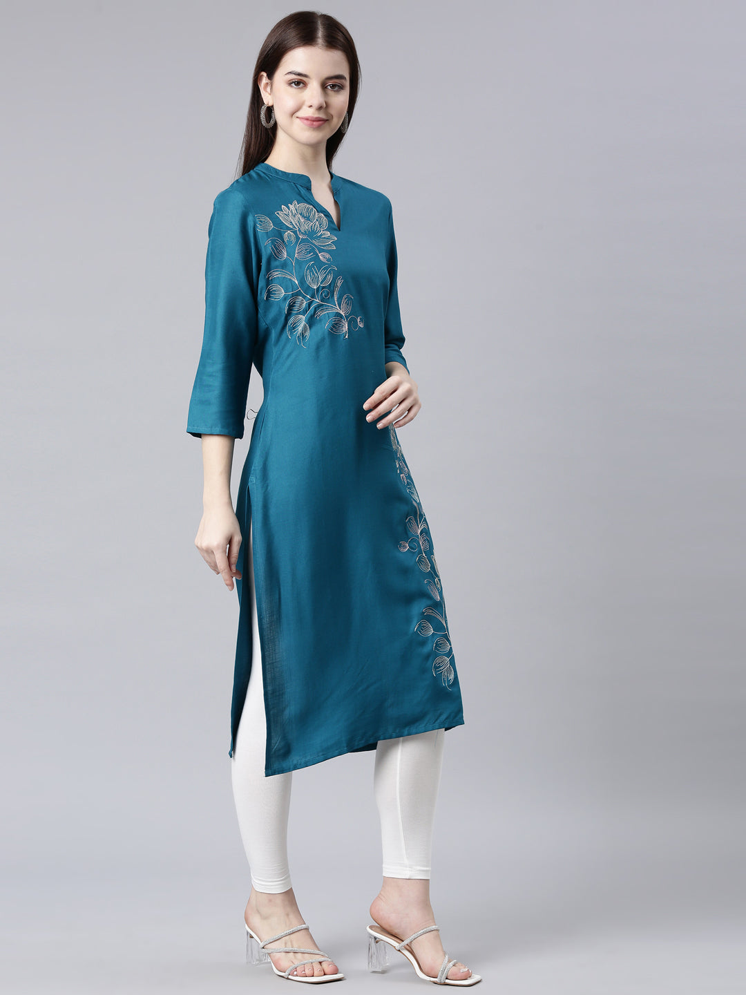 Neerus Green printed floral straight kurta - side view