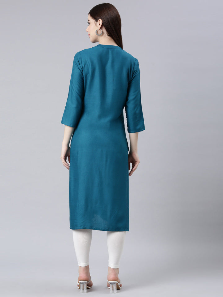 Neerus Green printed floral straight kurta - detail view 1