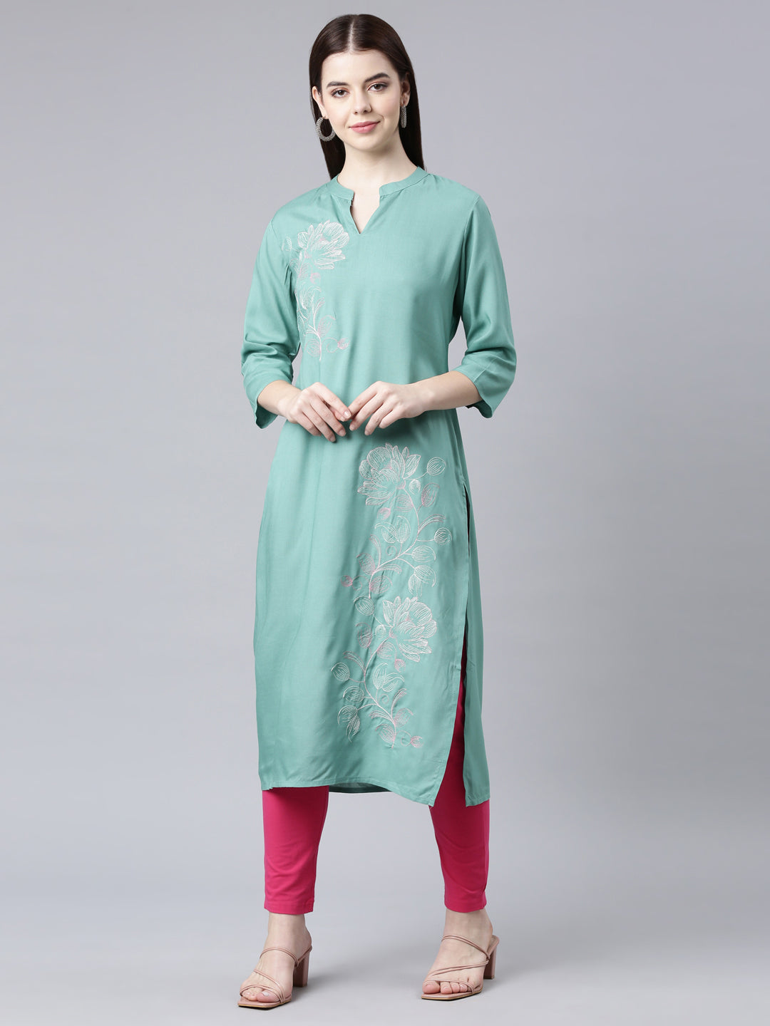 Neerus Green printed floral straight kurti - front view
