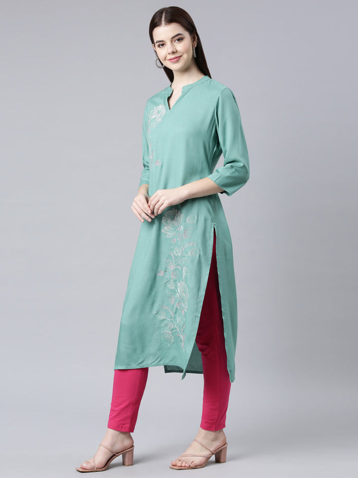 Neerus Green printed floral straight kurti - back view