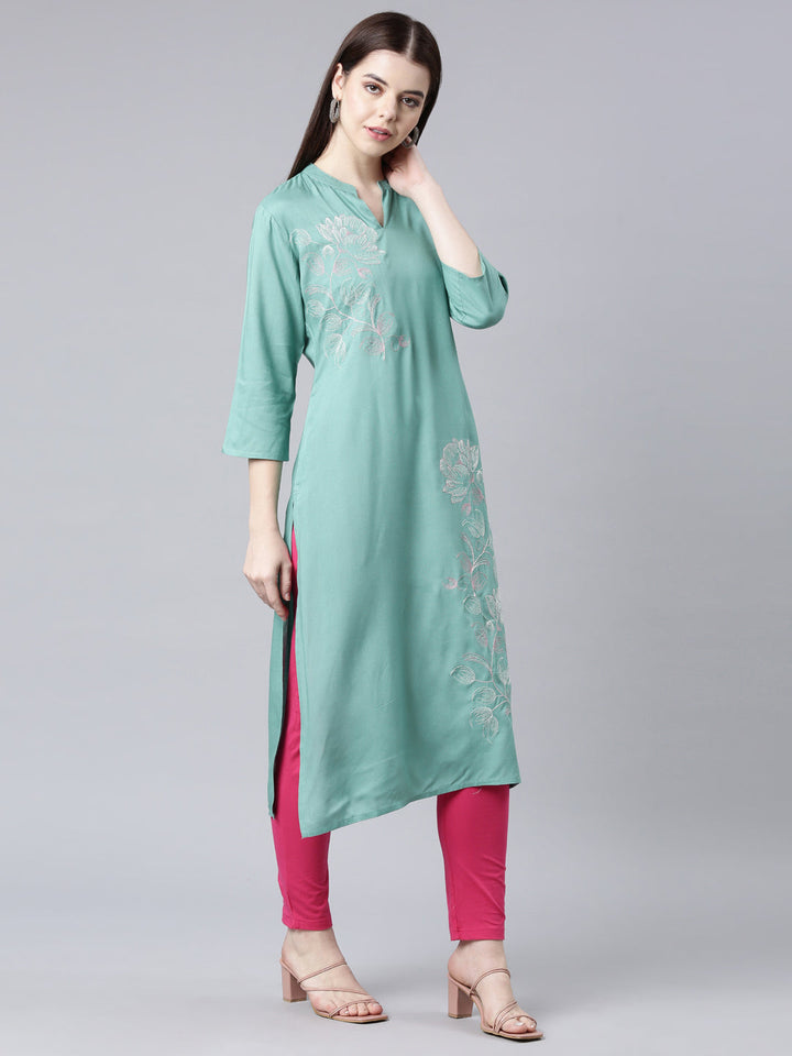 Neerus Green printed floral straight kurti - side view
