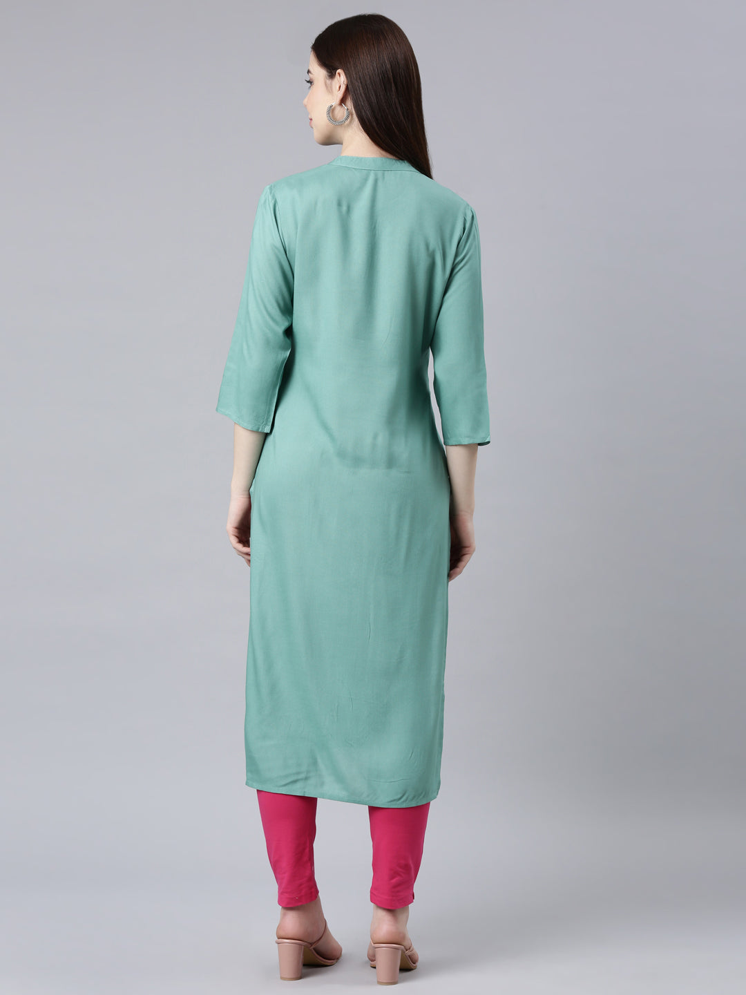 Neerus Green printed floral straight kurti - detail view 1