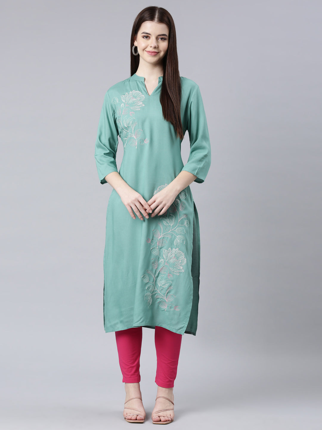 Neerus Green printed floral straight kurti - detail view 4