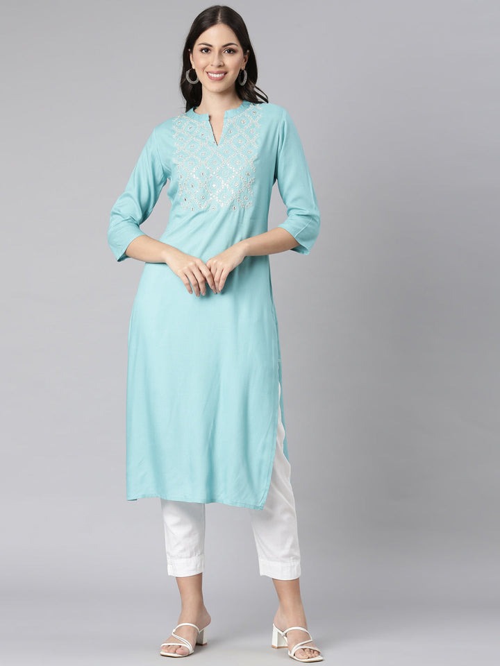 Neerus Green Casual Solid Straight Kurtas