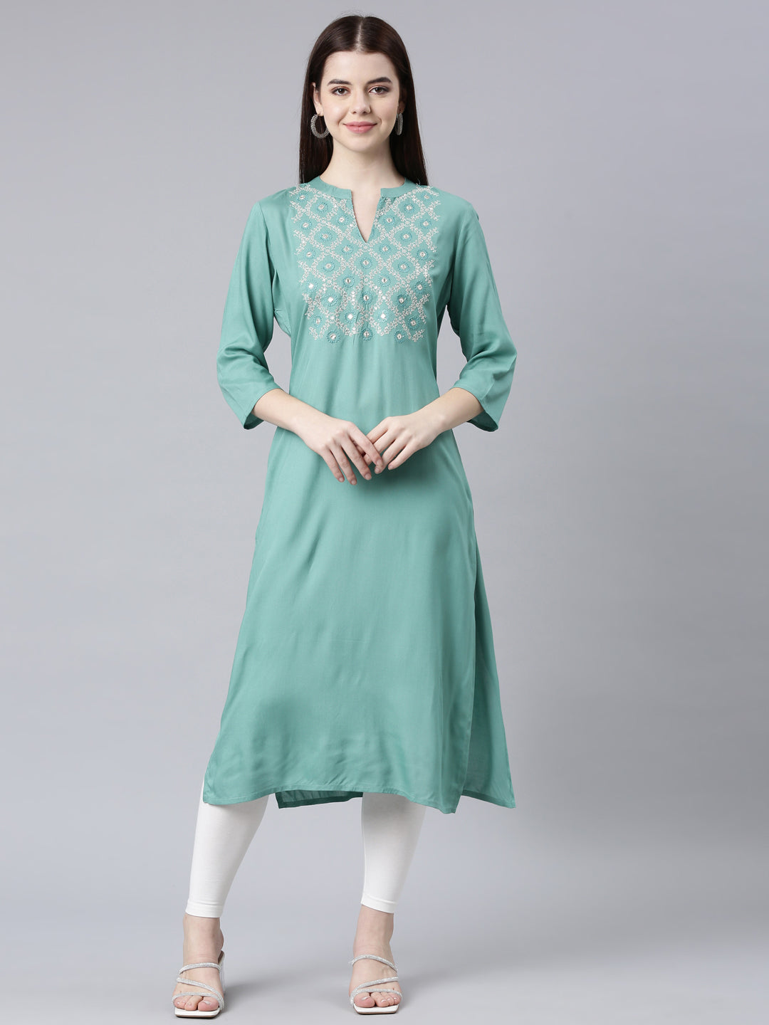 Neerus Green rayon printed straight kurta - front view