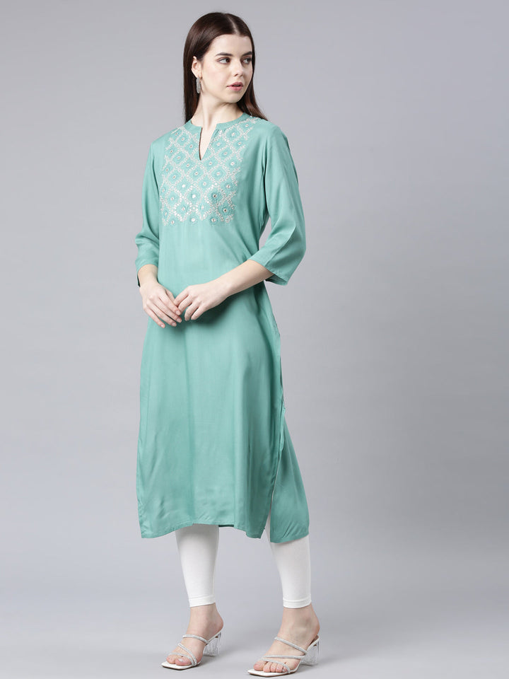 Neerus Green rayon printed straight kurta - back view