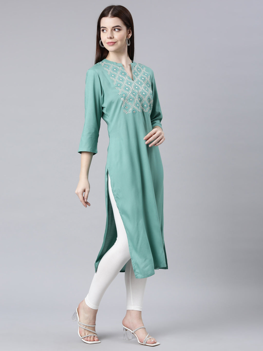 Neerus Green rayon printed straight kurta - side view