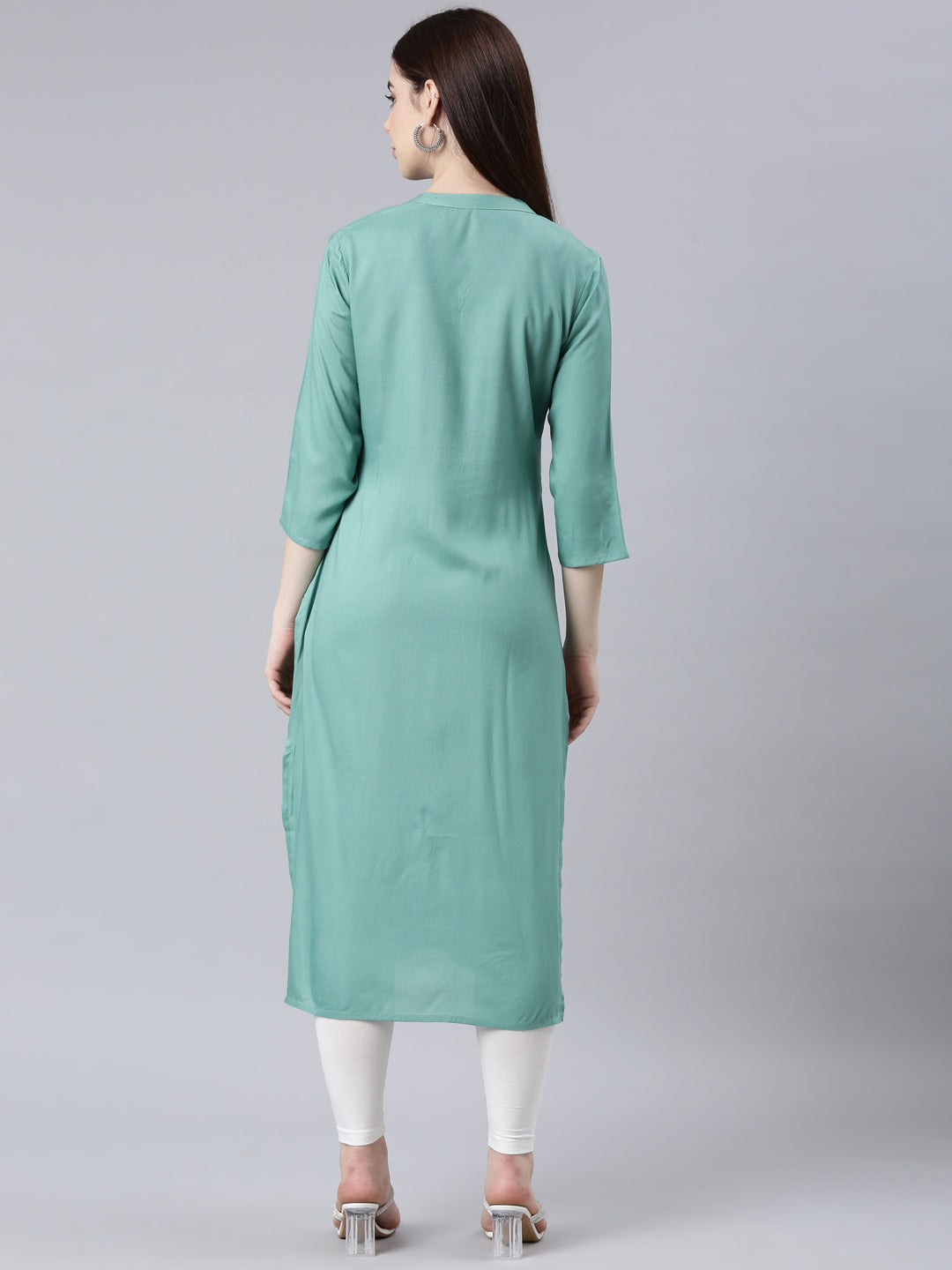 Neerus Green rayon printed straight kurta - detail view 1