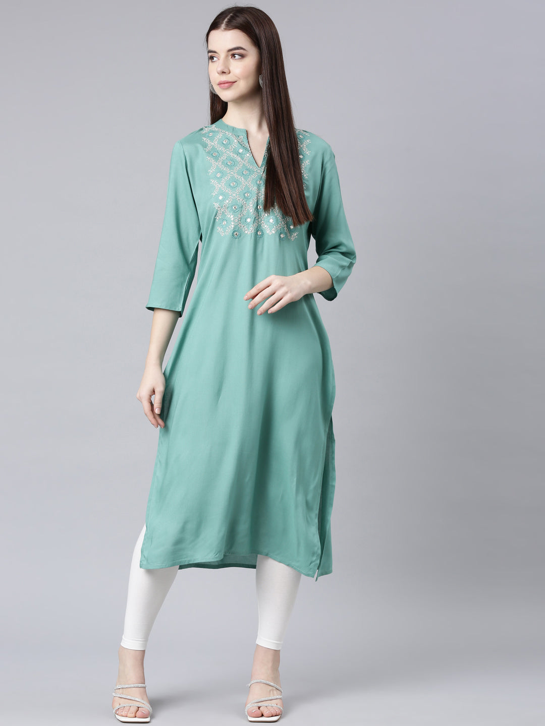 Neerus Green rayon printed straight kurta - detail view 4