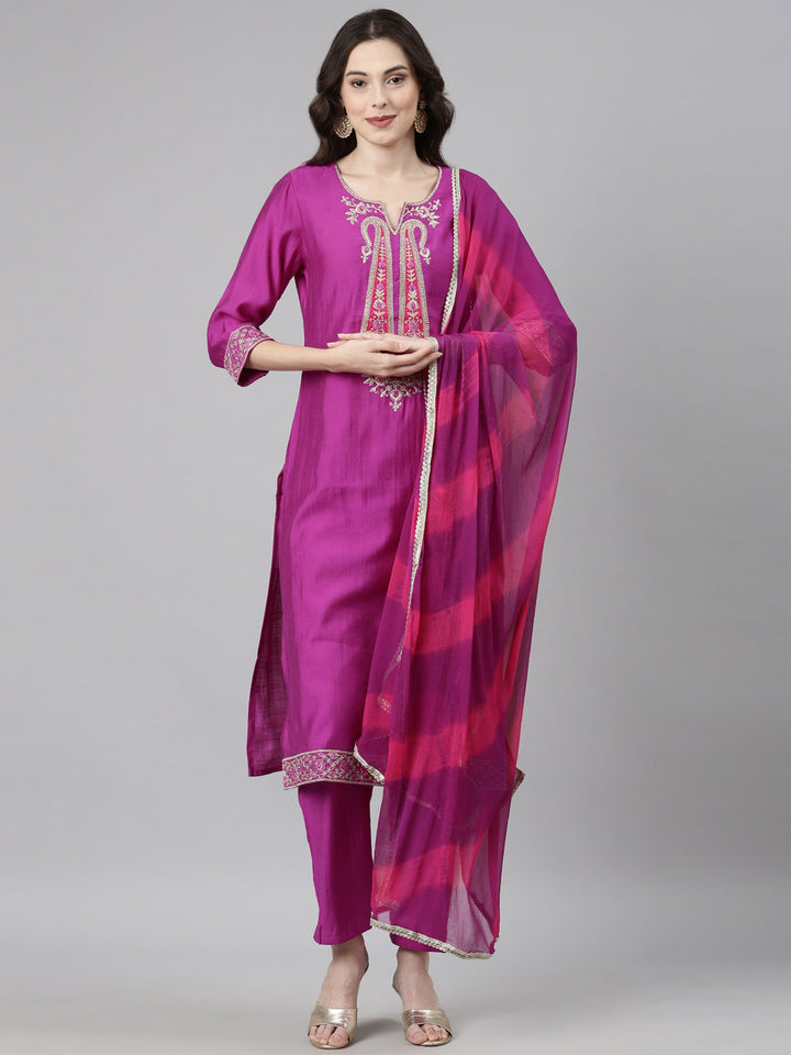 Neerus Purple Casual Solid Straight Kurta and Trousers With Dupatta