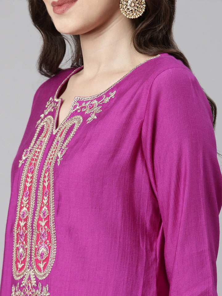 Neerus Purple Casual Solid Straight Kurta and Trousers With Dupatta