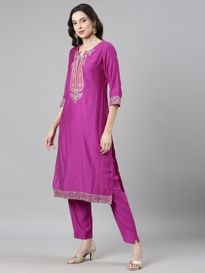 Neerus Purple Casual Solid Straight Kurta and Trousers With Dupatta